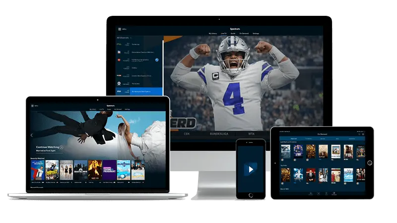 Phone, tablet and TV screens showing live channels from UK IPTV