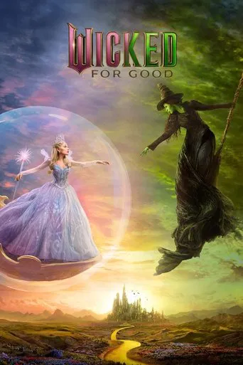 Fantasy film poster of a woman in a pale gown floating in a bubble above a green land